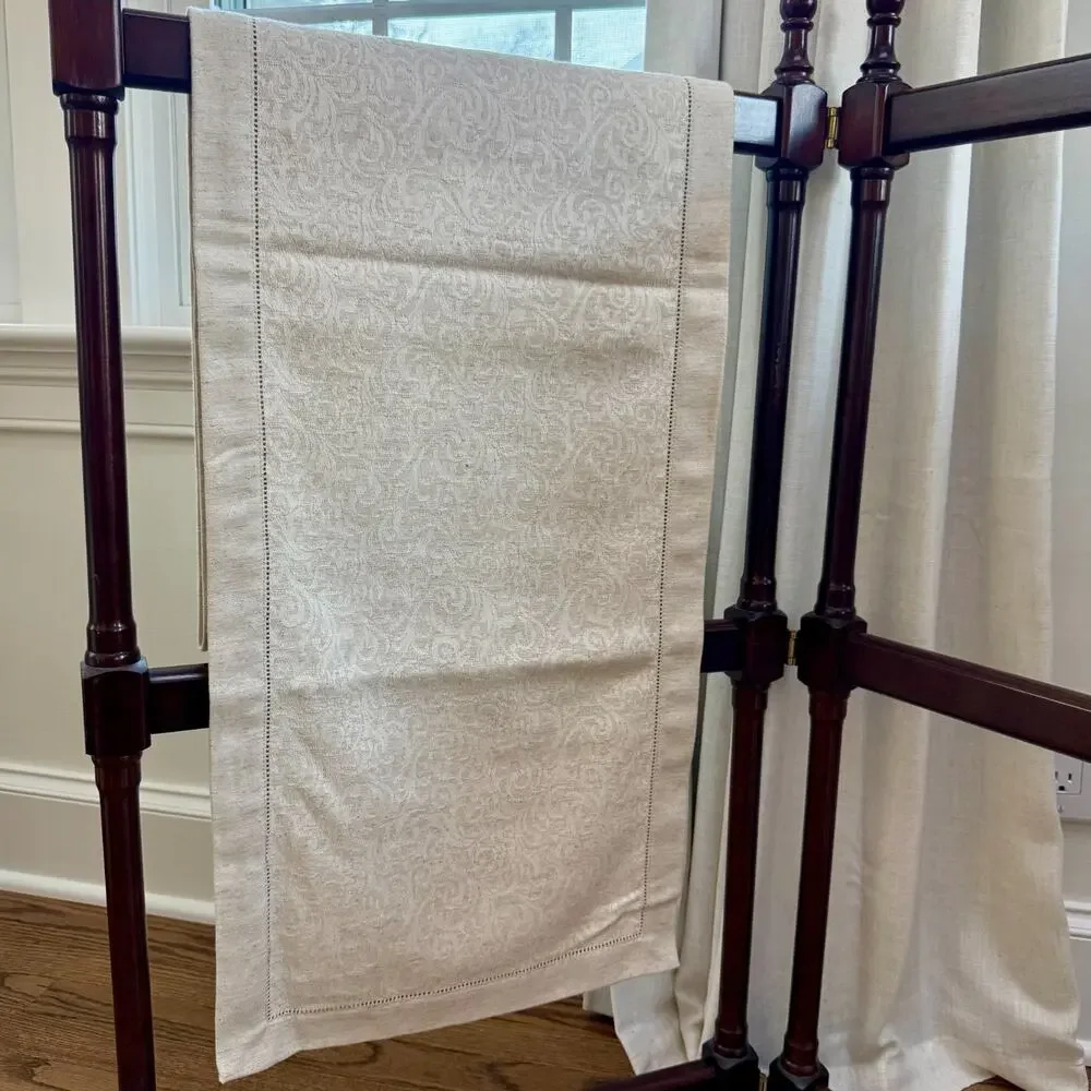 Portuguese Linen Damask Table Runner Hemstitch Neutral 88 x 14.5 MiCasaEstuCasa
